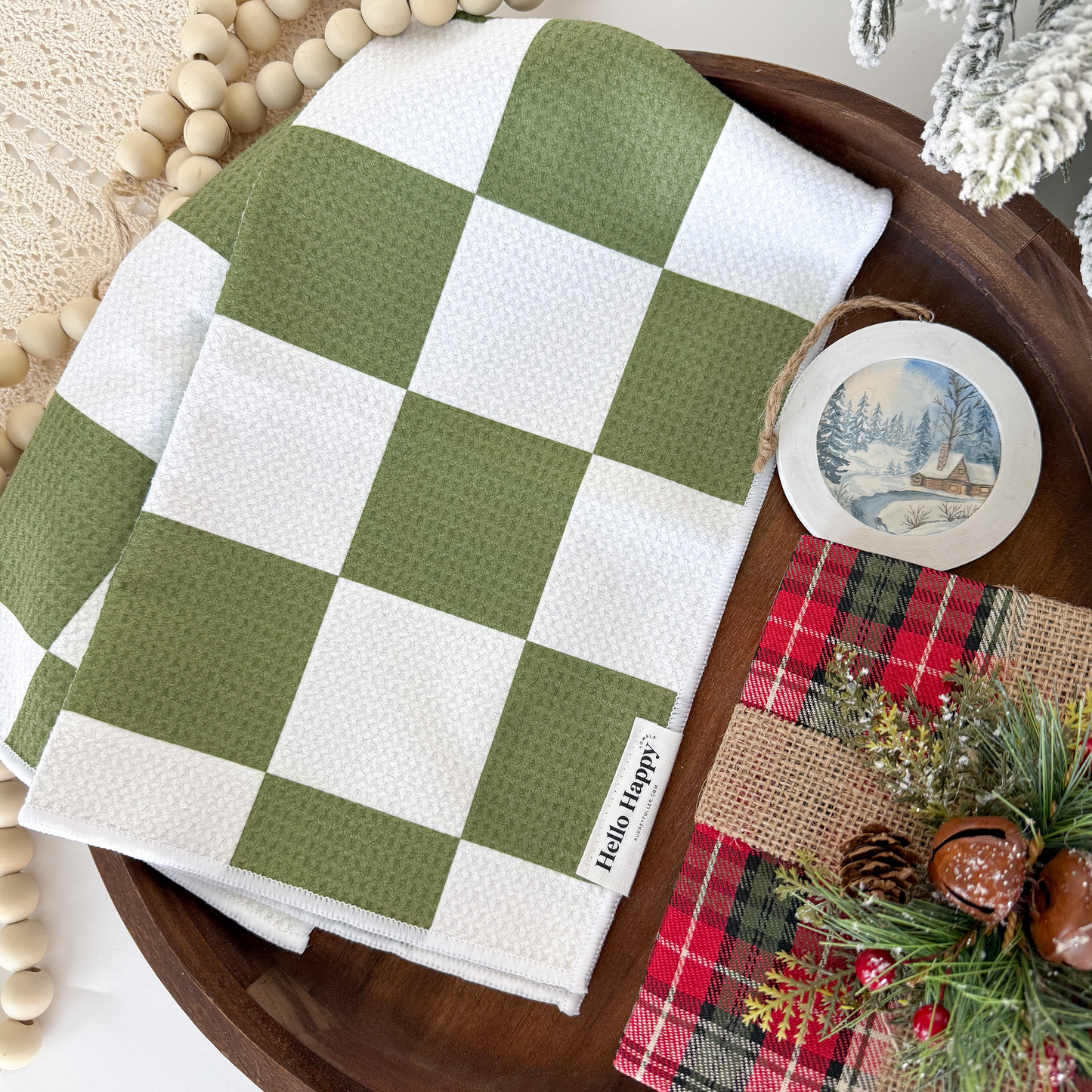 Checkerboard on Green | Double-Sided Hand Towel