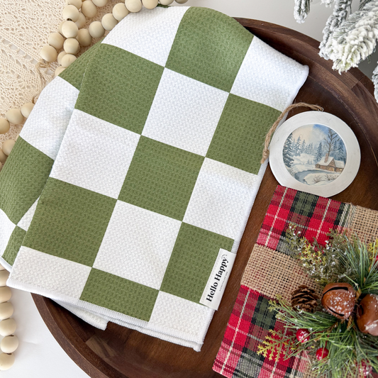 Checkerboard on Green | Double-Sided Hand Towel