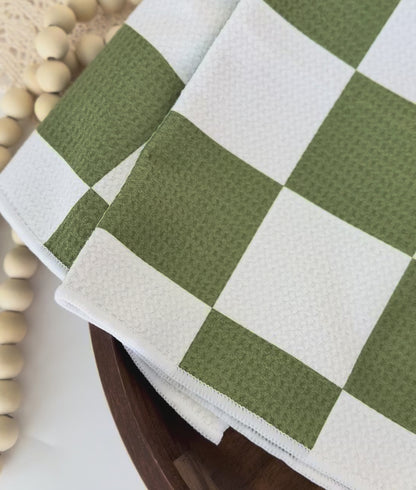 Checkerboard on Green | Double-Sided Hand Towel